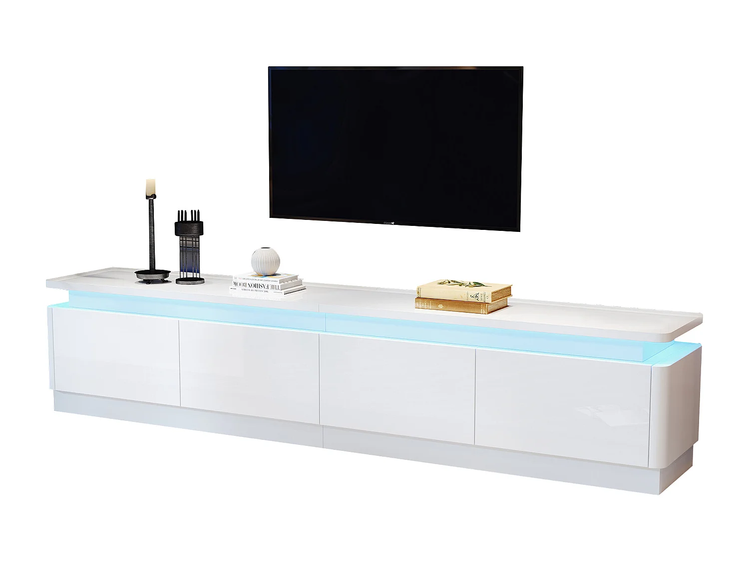 Meuble TV brillant avec Leds + 4 tiroirs - 180 x 34 x 40cm - pour TV 80 pouces - aggloméré - blanc
