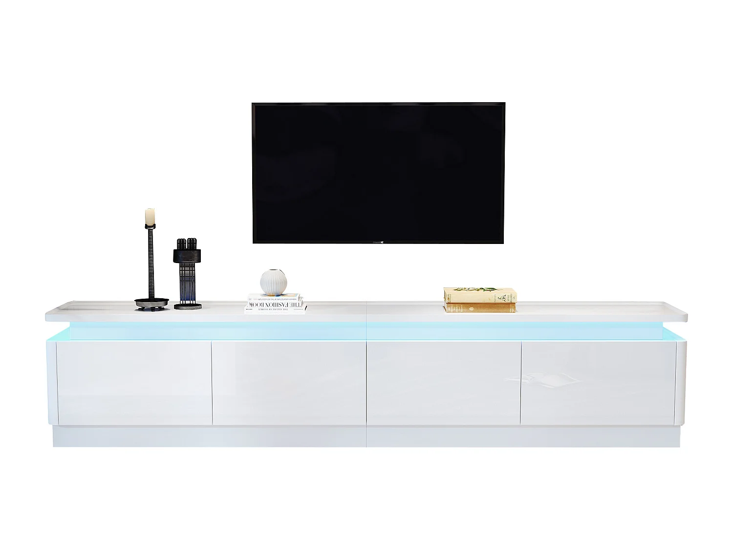 Meuble TV brillant avec Leds + 4 tiroirs - 180 x 34 x 40cm - pour TV 80 pouces - aggloméré - blanc