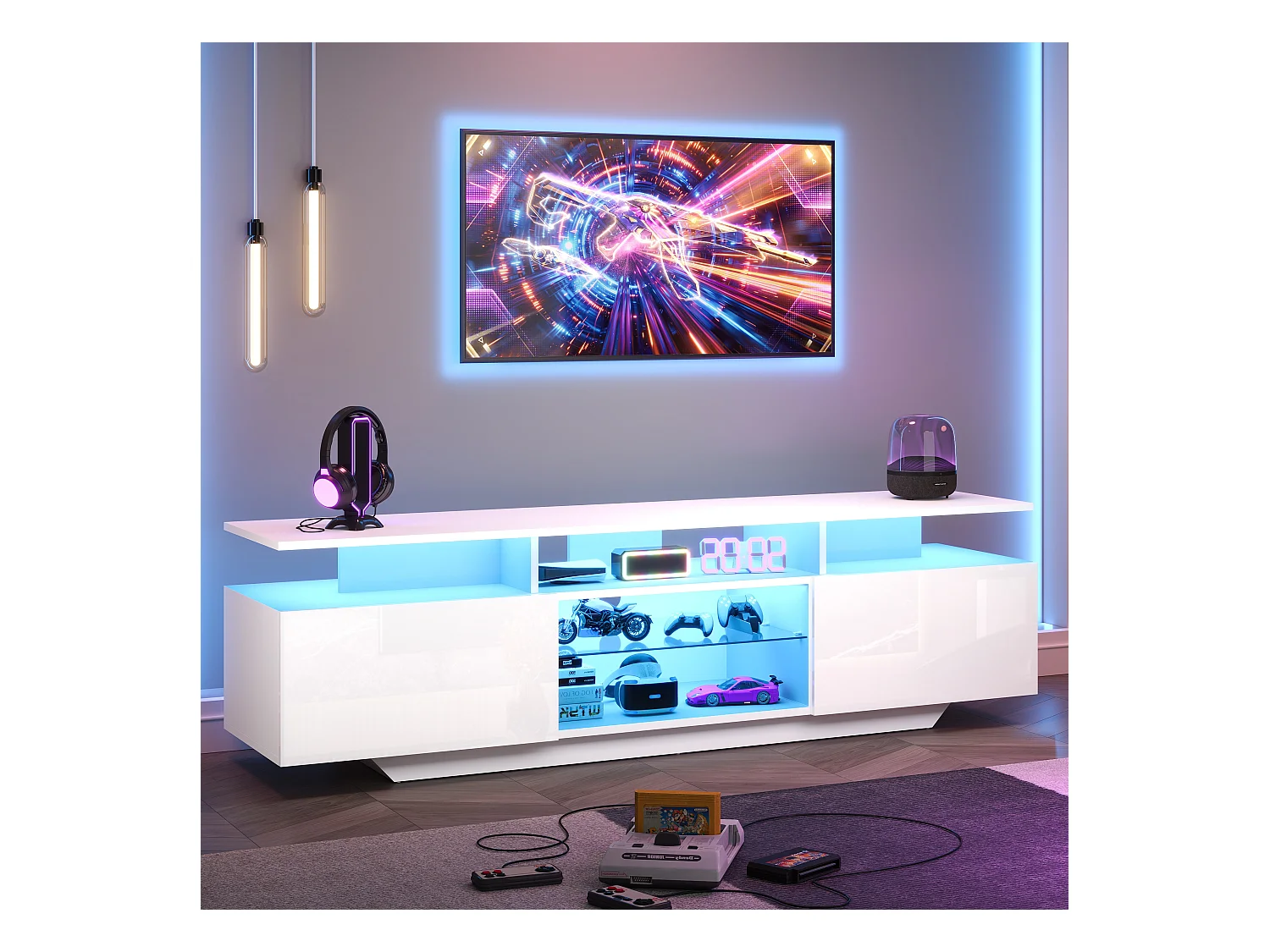 Meuble TV brillant avec Leds - 160 x 40 x 45 cm - avec 2 portes + 8 étagères - MDF - blanc