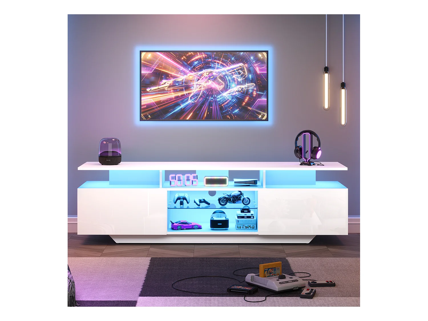 Meuble TV brillant avec Leds - 160 x 40 x 45 cm - avec 2 portes + 8 étagères - MDF - blanc