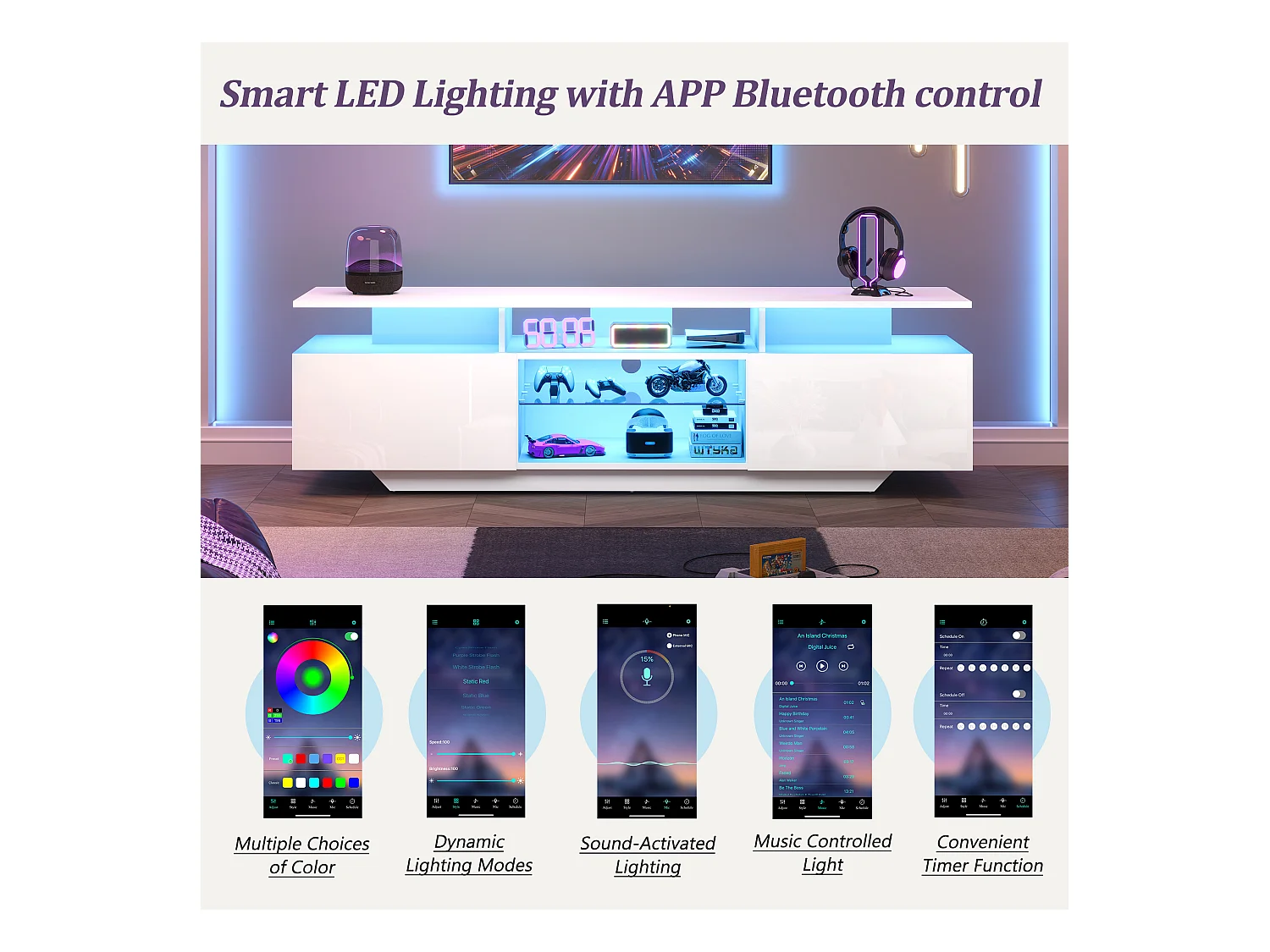 Meuble TV brillant avec Leds - 160 x 40 x 45 cm - avec 2 portes + 8 étagères - MDF - blanc