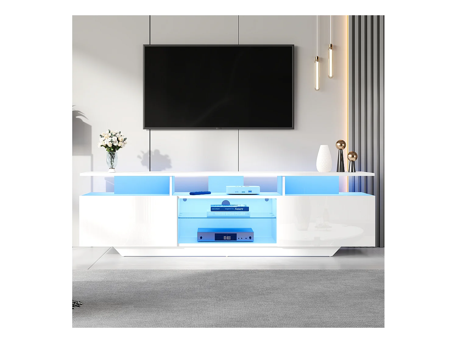 Meuble TV brillant avec Leds - 160 x 40 x 45 cm - avec 2 portes + 8 étagères - MDF - blanc