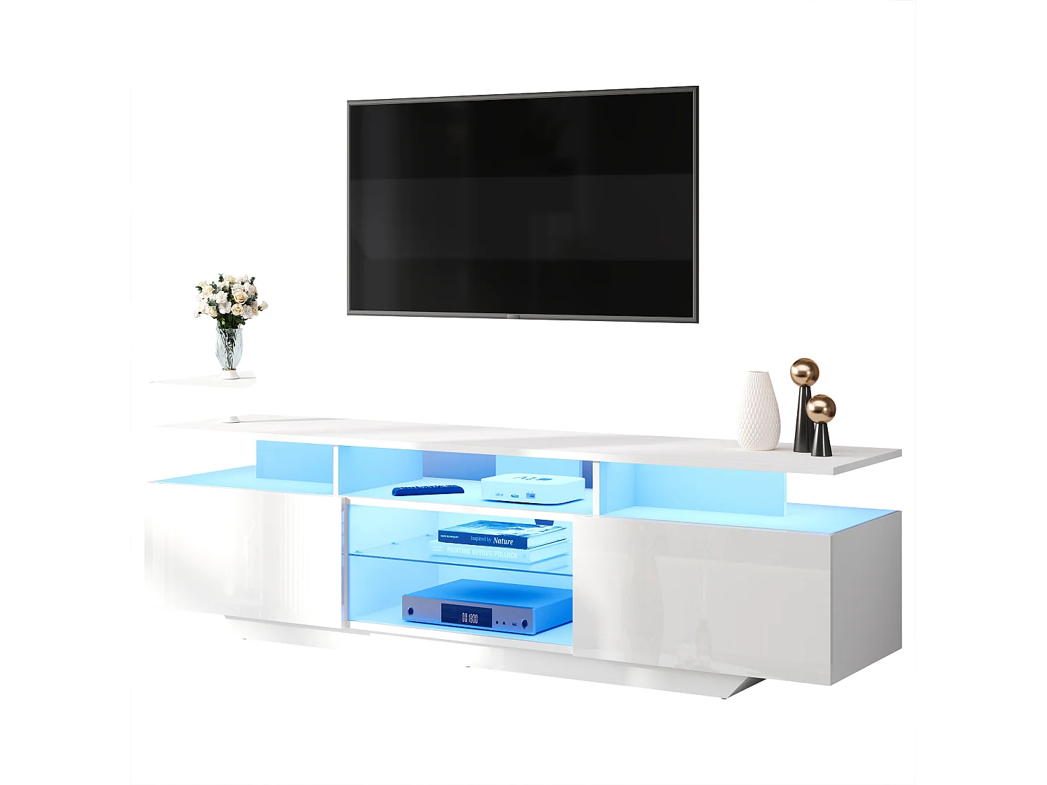 Meuble TV brillant avec Leds - 160 x 40 x 45 cm - avec 2 portes + 8 étagères - MDF - blanc