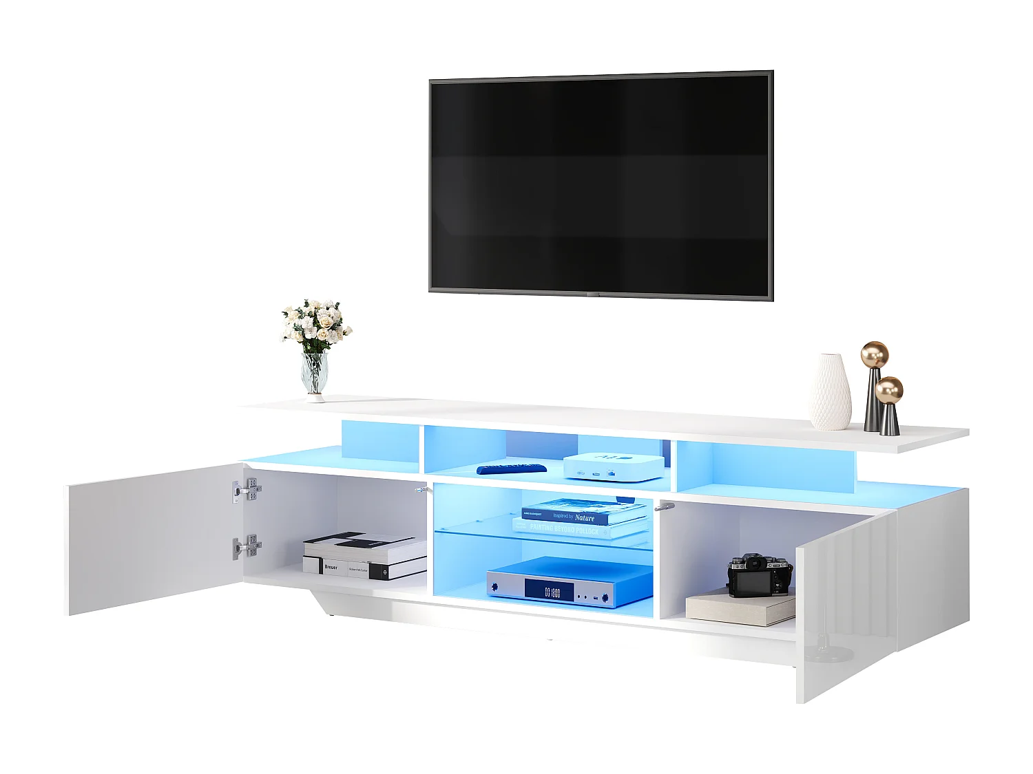 Meuble TV brillant avec Leds - 160 x 40 x 45 cm - avec 2 portes + 8 étagères - MDF - blanc