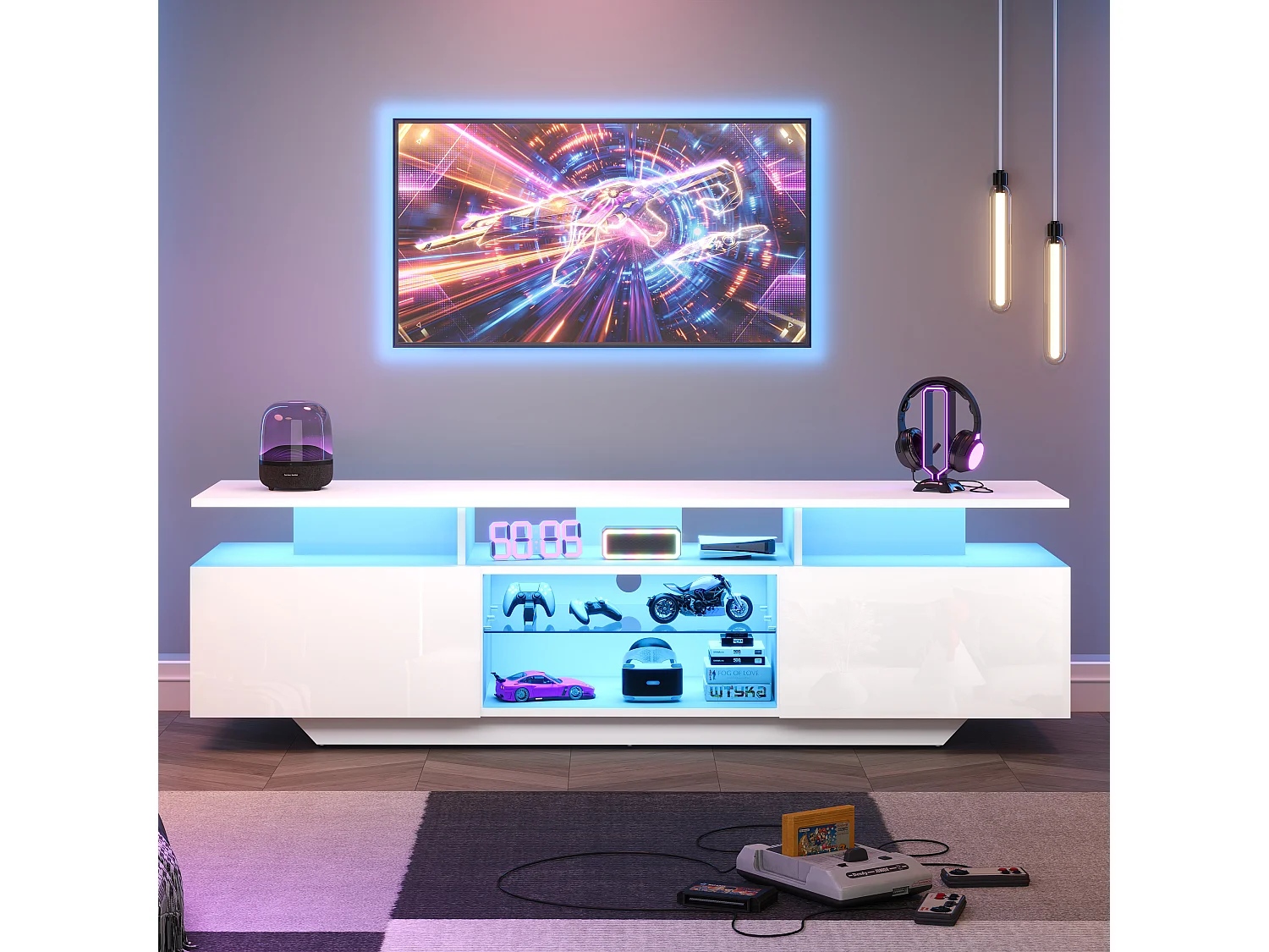 Meuble TV brillant avec Leds - 160 x 40 x 45 cm - avec 2 portes + 8 étagères - MDF - blanc