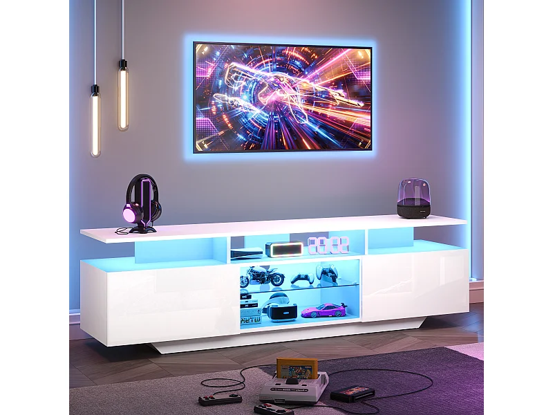 Meuble TV brillant avec Leds - 160 x 40 x 45 cm - avec 2 portes + 8 étagères - MDF - blanc