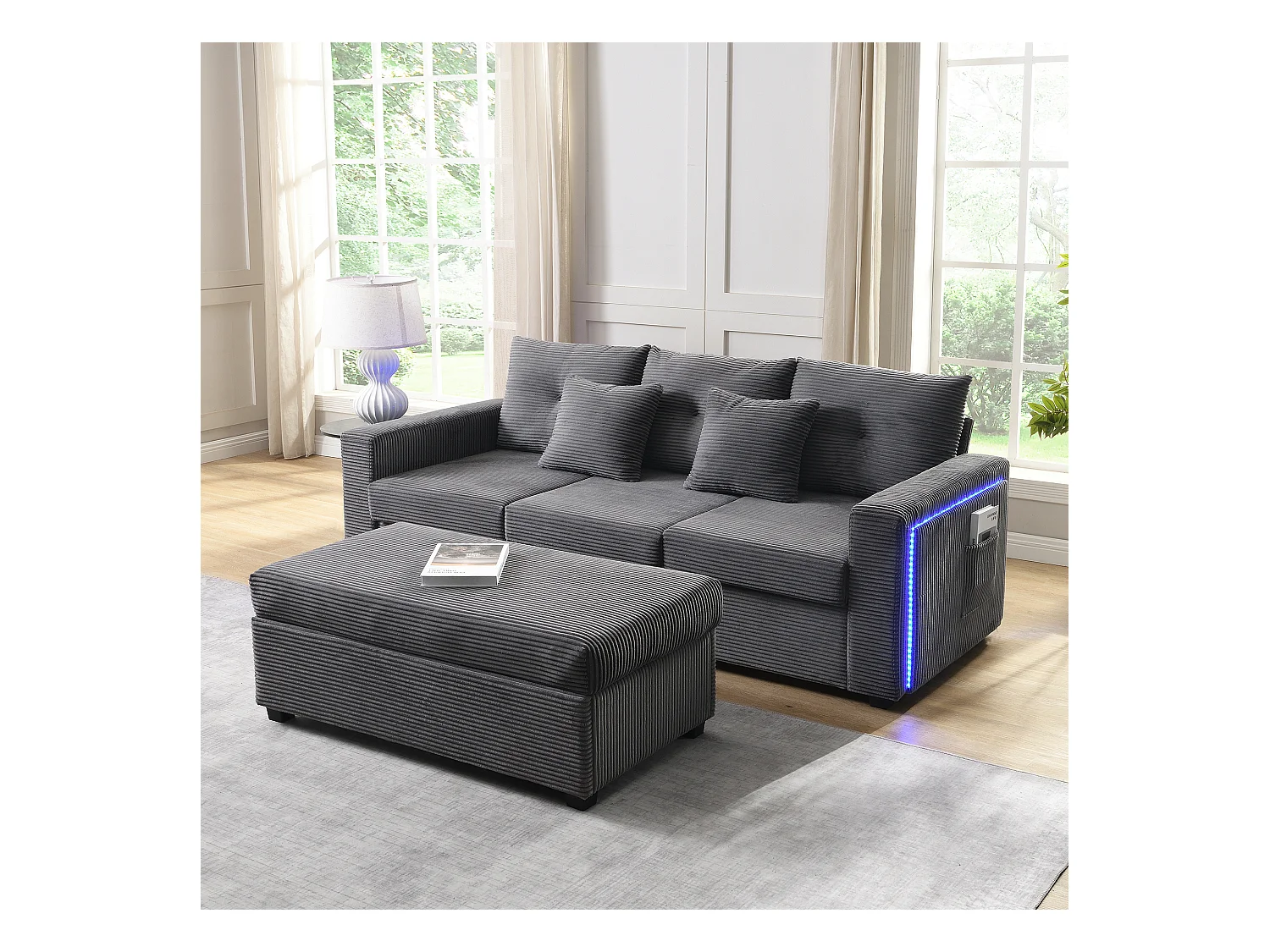Ensemble de canapé 3 places + repose-pieds mobile - 184 x 84.5 x 85.5 cm - avec 5 coussins - velours - gris