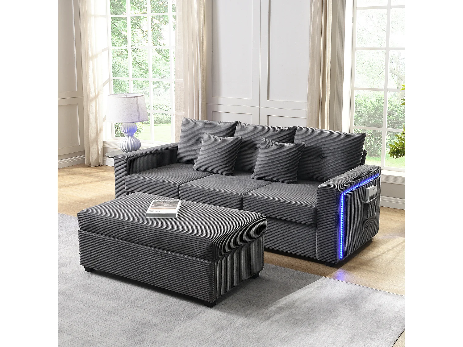 Ensemble de canapé 3 places + repose-pieds mobile - 184 x 84.5 x 85.5 cm - avec 5 coussins - velours - gris