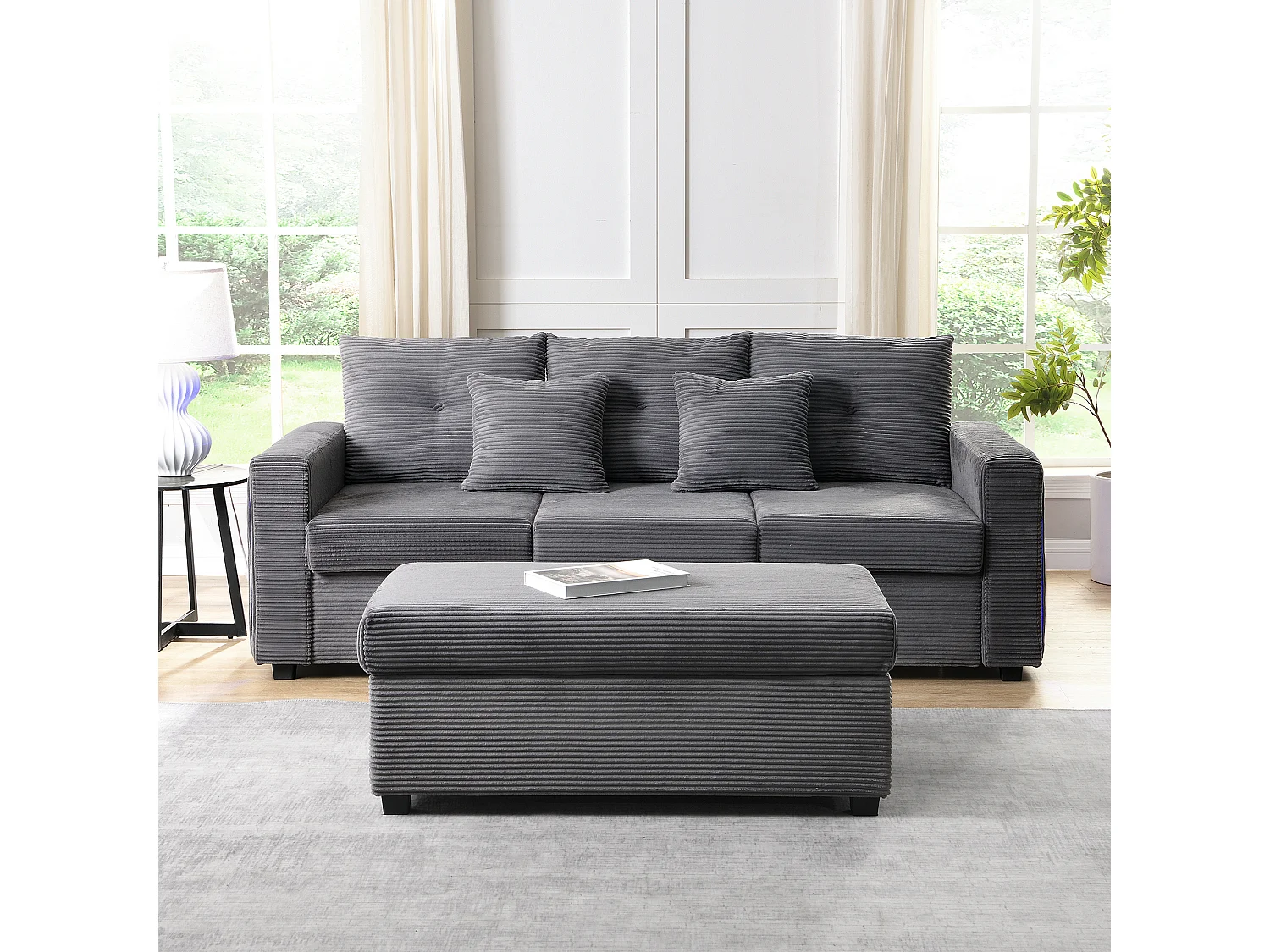 Ensemble de canapé 3 places + repose-pieds mobile - 184 x 84.5 x 85.5 cm - avec 5 coussins - velours - gris