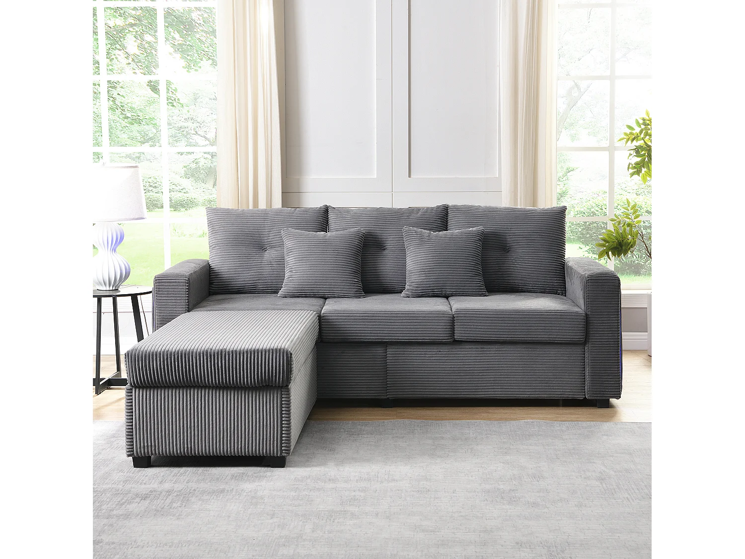 Ensemble de canapé 3 places + repose-pieds mobile - 184 x 84.5 x 85.5 cm - avec 5 coussins - velours - gris