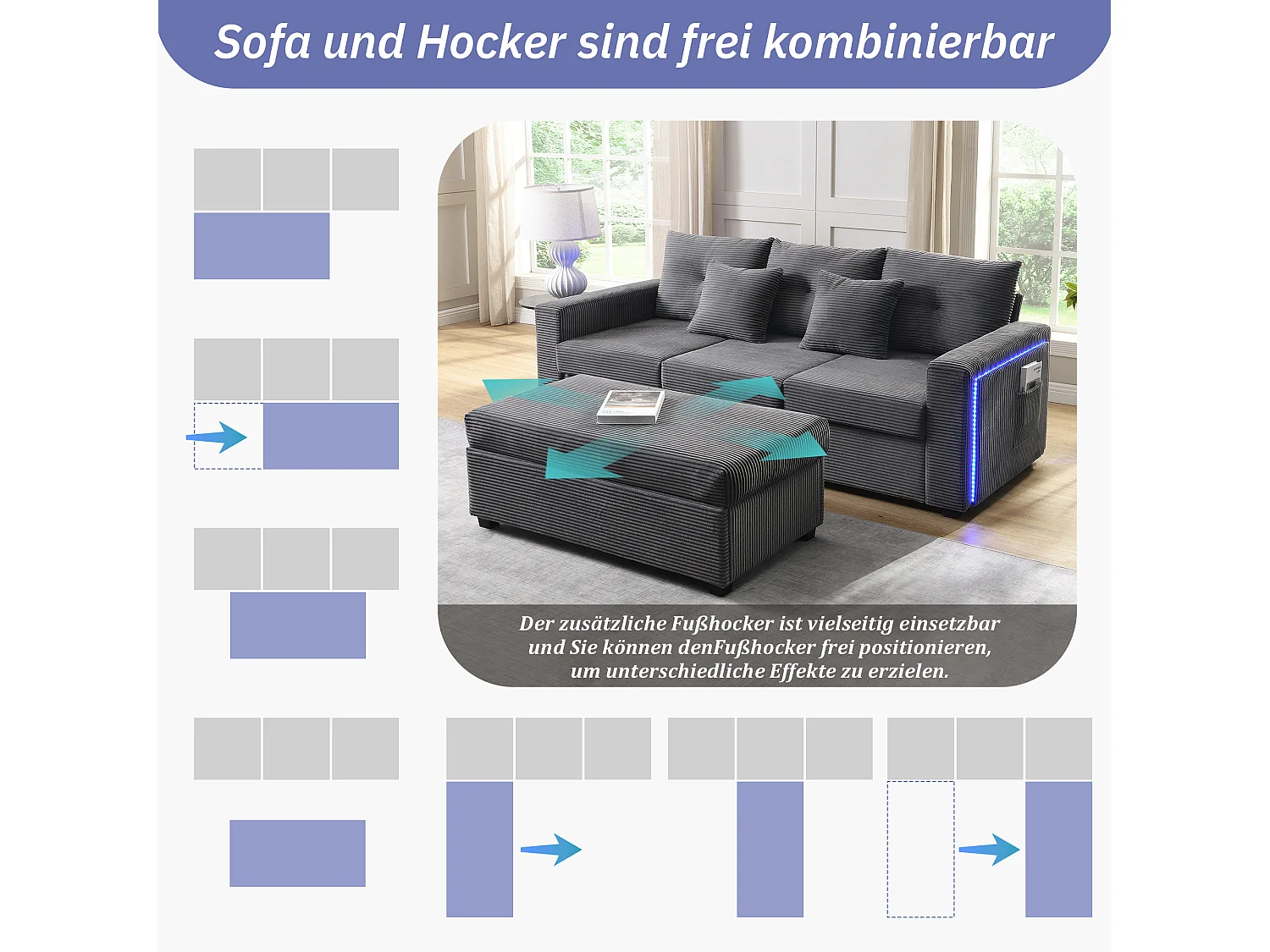 Ensemble de canapé 3 places + repose-pieds mobile - 184 x 84.5 x 85.5 cm - avec 5 coussins - velours - gris