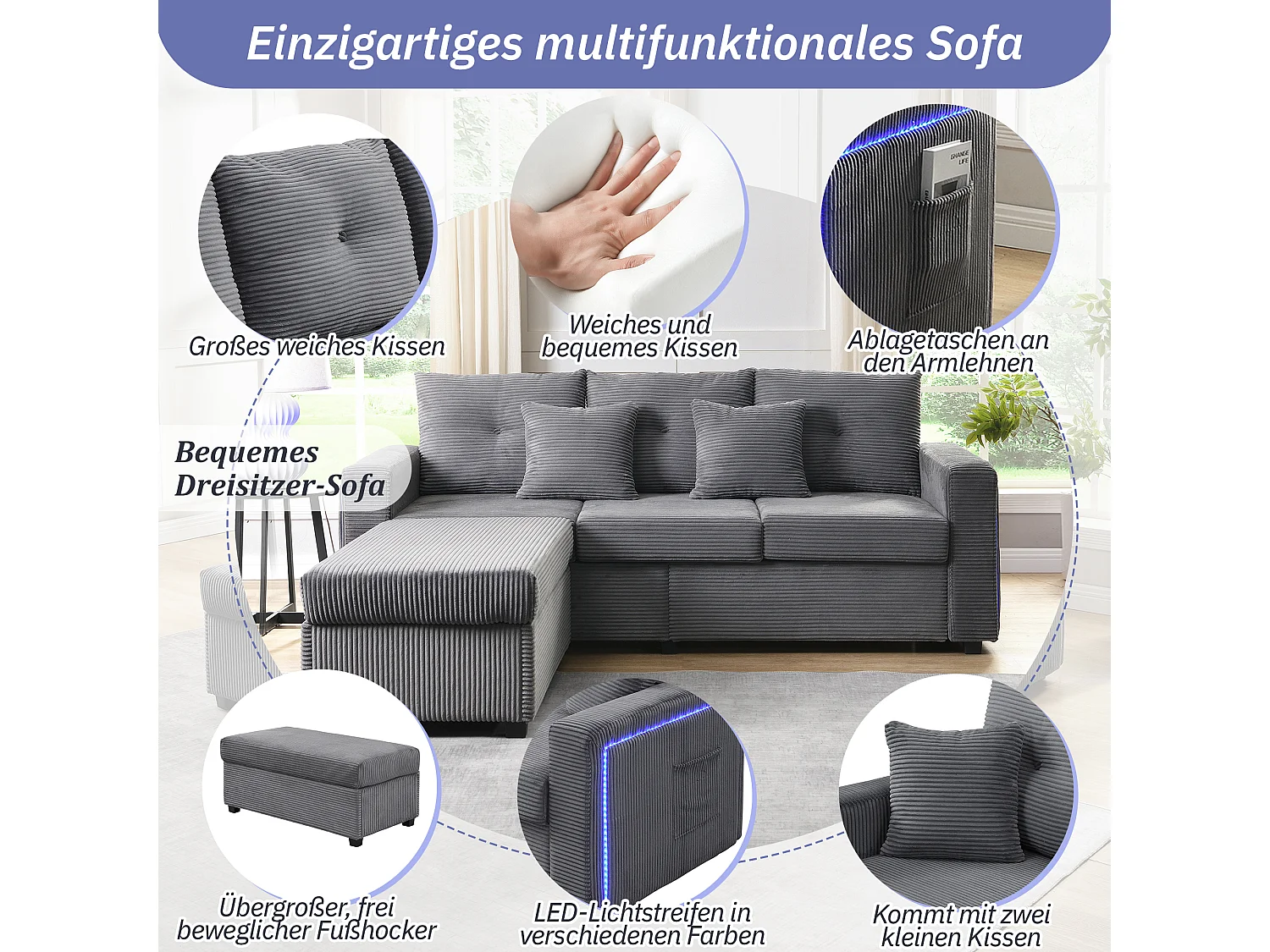 Ensemble de canapé 3 places + repose-pieds mobile - 184 x 84.5 x 85.5 cm - avec 5 coussins - velours - gris