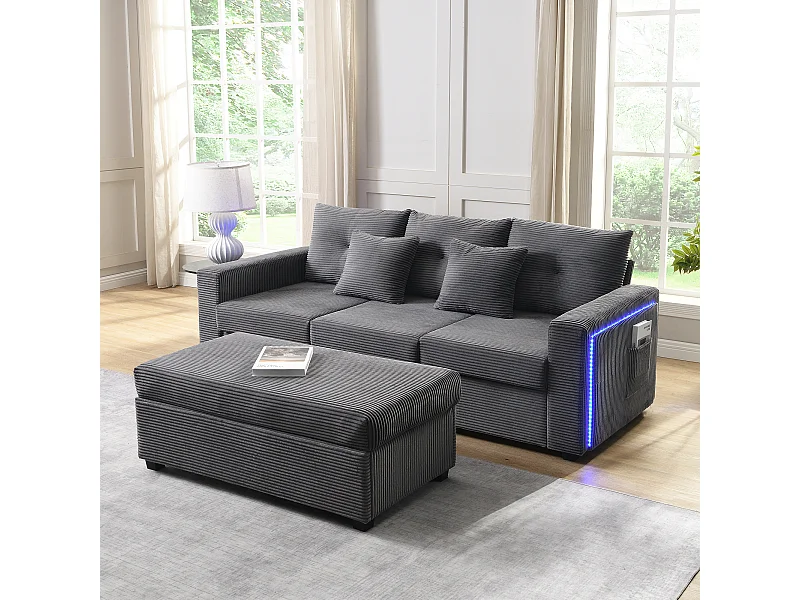 Ensemble de canapé 3 places + repose-pieds mobile - 184 x 84.5 x 85.5 cm - avec 5 coussins - velours - gris