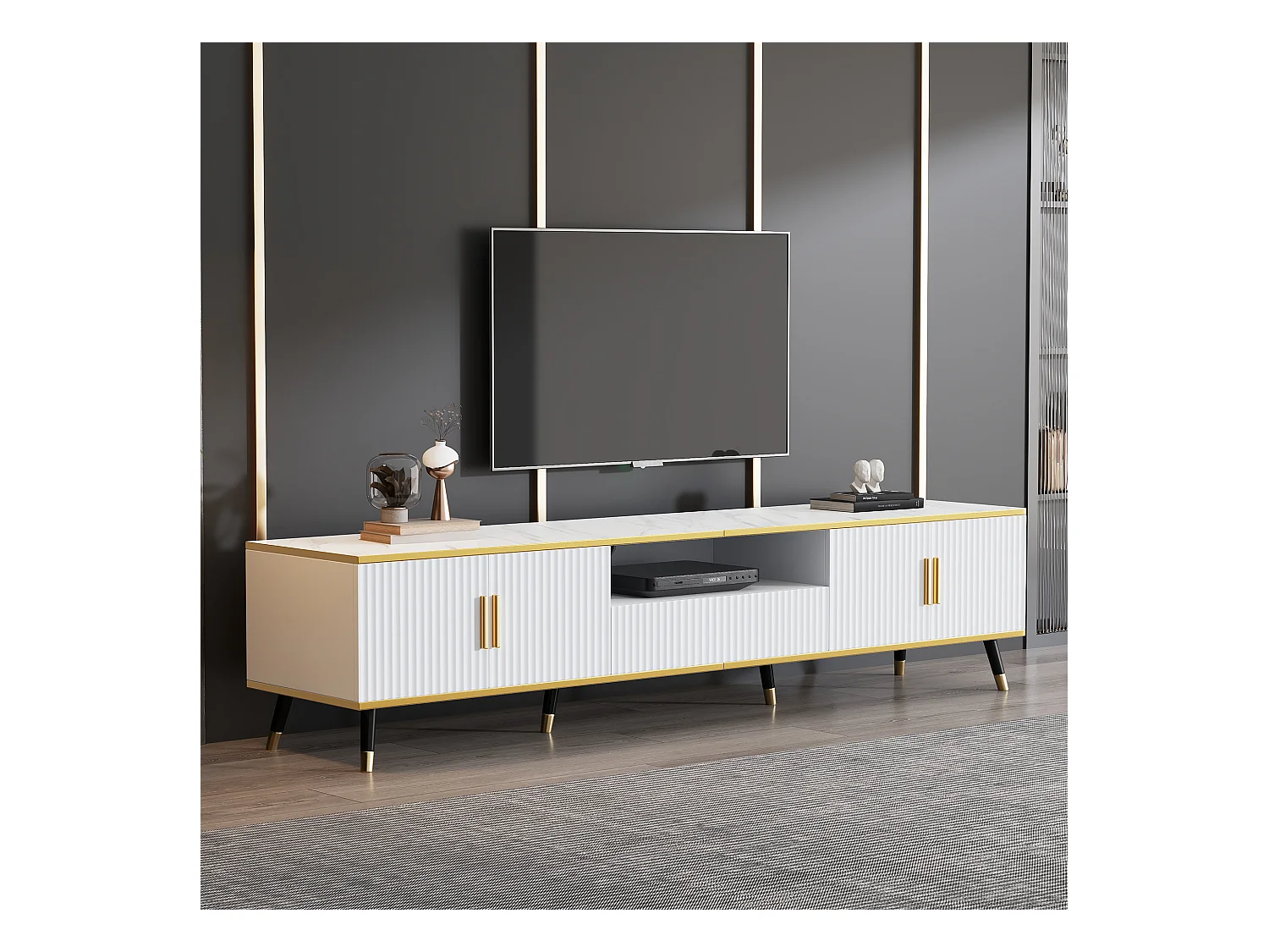 Meuble TV 200 x 40 x 46 cm avec 4 portes et 1 tiroir - Plateaux en effet marbre - Panneau de particules - Blanc