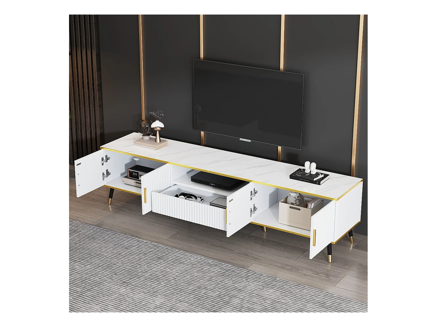 Meuble TV 200 x 40 x 46 cm avec 4 portes et 1 tiroir - Plateaux en effet marbre - Panneau de particules - Blanc