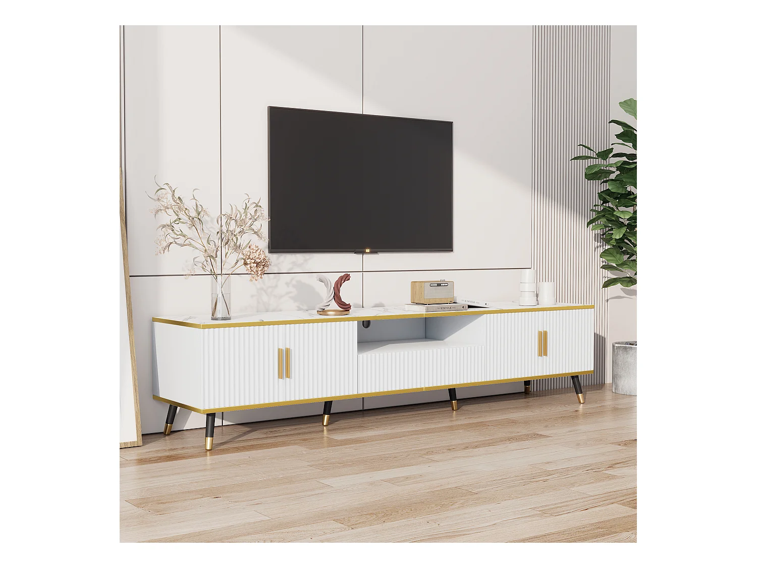 Meuble TV 200 x 40 x 46 cm avec 4 portes et 1 tiroir - Plateaux en effet marbre - Panneau de particules - Blanc