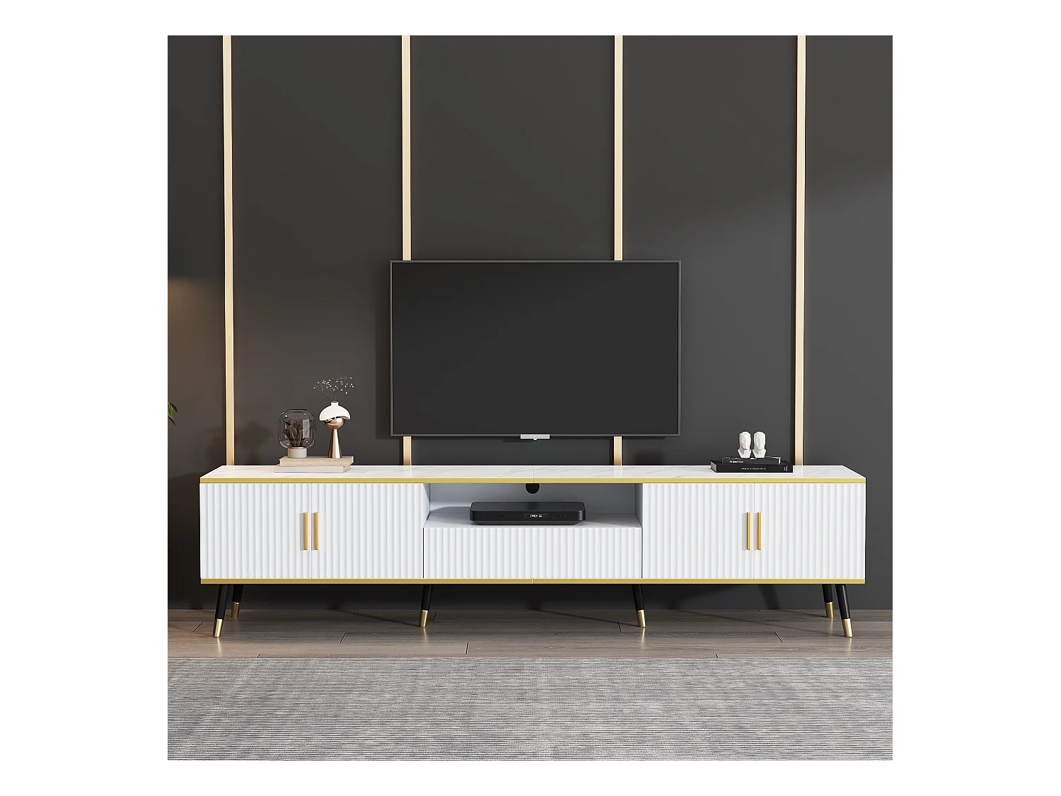 Meuble TV 200 x 40 x 46 cm avec 4 portes et 1 tiroir - Plateaux en effet marbre - Panneau de particules - Blanc
