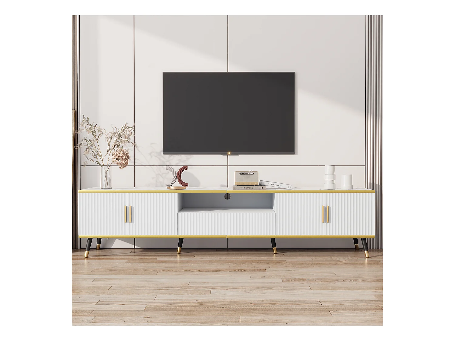 Meuble TV 200 x 40 x 46 cm avec 4 portes et 1 tiroir - Plateaux en effet marbre - Panneau de particules - Blanc
