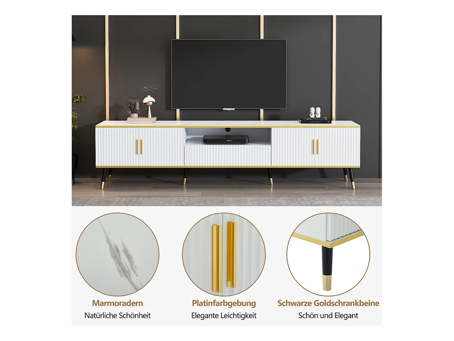 Meuble TV 200 x 40 x 46 cm avec 4 portes et 1 tiroir - Plateaux en effet marbre - Panneau de particules - Blanc