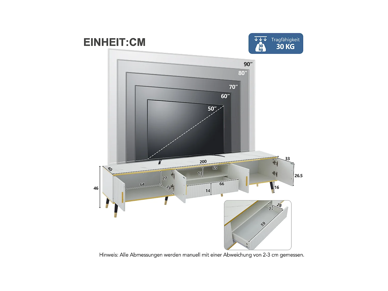 Meuble TV 200 x 40 x 46 cm avec 4 portes et 1 tiroir - Plateaux en effet marbre - Panneau de particules - Blanc