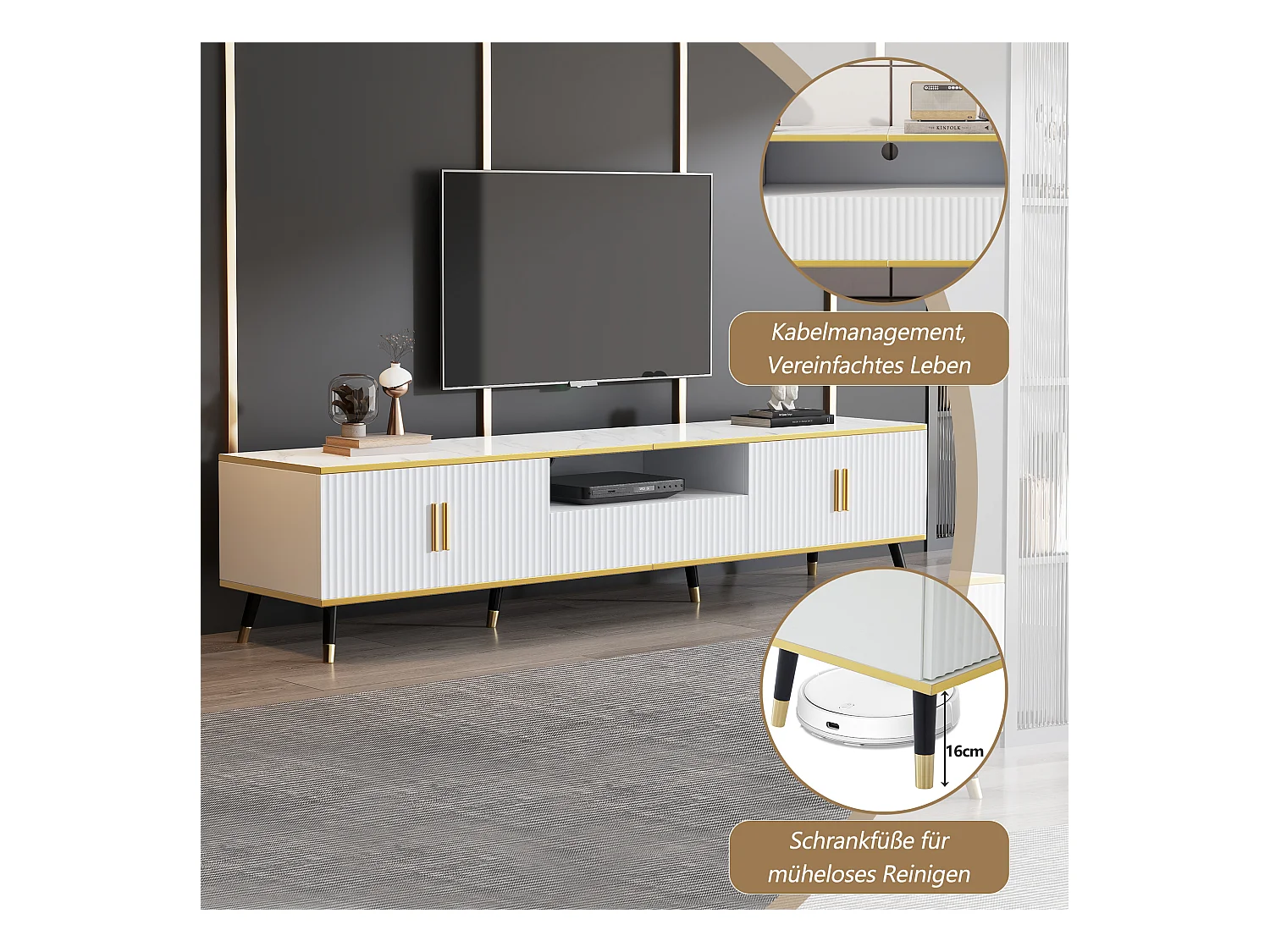 Meuble TV 200 x 40 x 46 cm avec 4 portes et 1 tiroir - Plateaux en effet marbre - Panneau de particules - Blanc