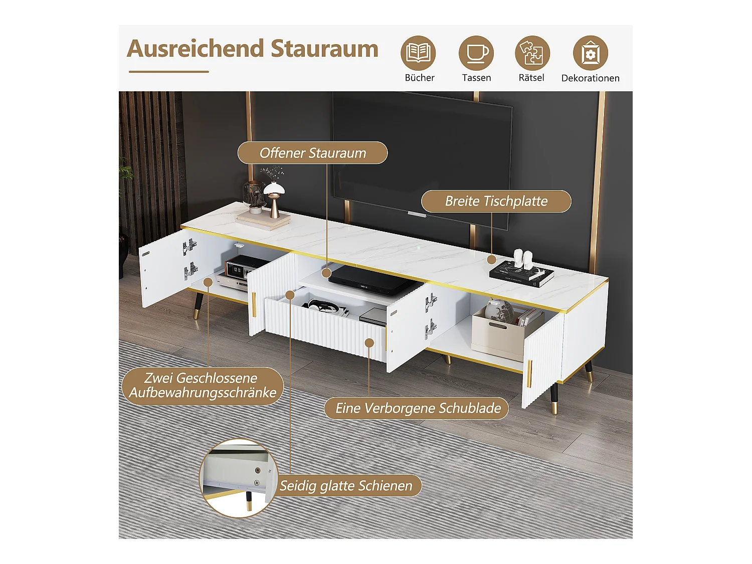 Meuble TV 200 x 40 x 46 cm avec 4 portes et 1 tiroir - Plateaux en effet marbre - Panneau de particules - Blanc