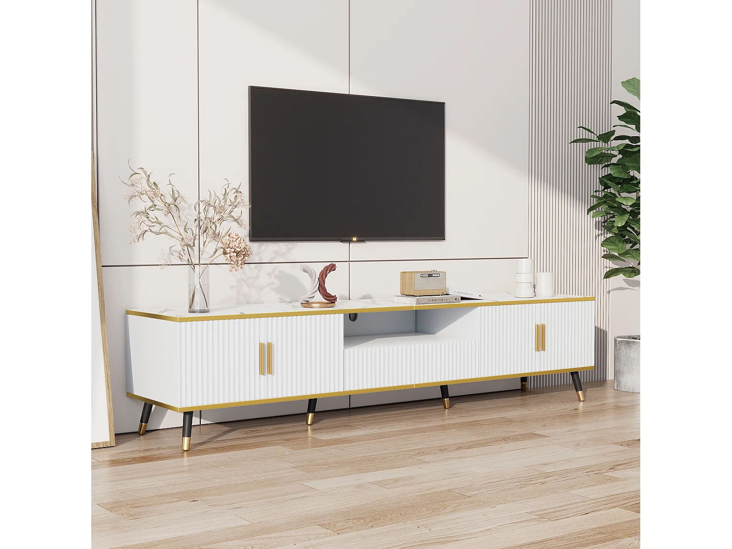Meuble TV 200 x 40 x 46 cm avec 4 portes et 1 tiroir - Plateaux en effet marbre - Panneau de particules - Blanc