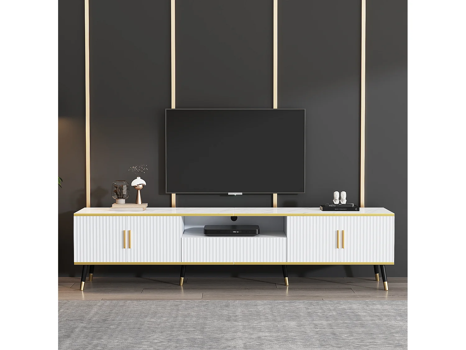 Meuble TV 200 x 40 x 46 cm avec 4 portes et 1 tiroir - Plateaux en effet marbre - Panneau de particules - Blanc