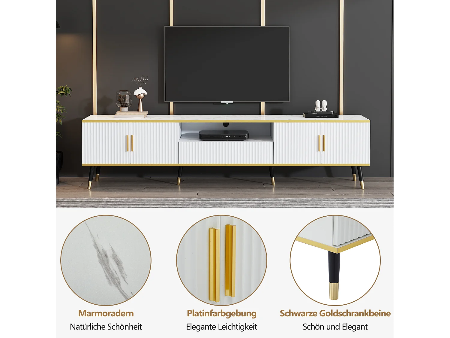 Meuble TV 200 x 40 x 46 cm avec 4 portes et 1 tiroir - Plateaux en effet marbre - Panneau de particules - Blanc