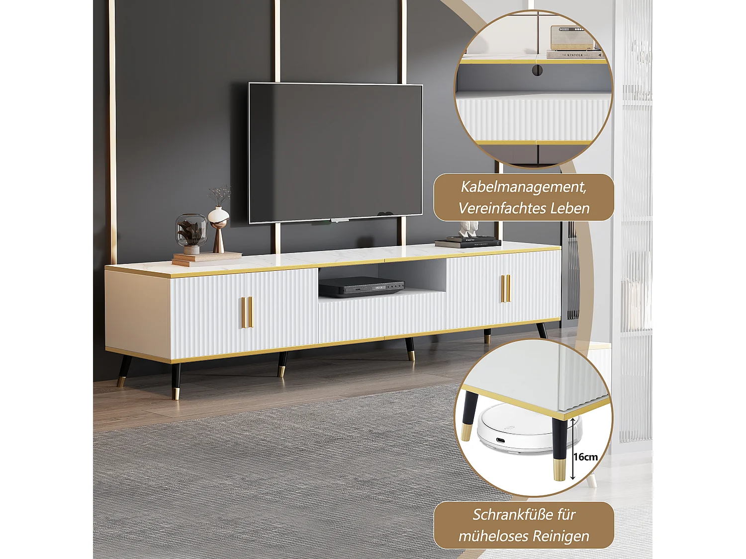 Meuble TV 200 x 40 x 46 cm avec 4 portes et 1 tiroir - Plateaux en effet marbre - Panneau de particules - Blanc