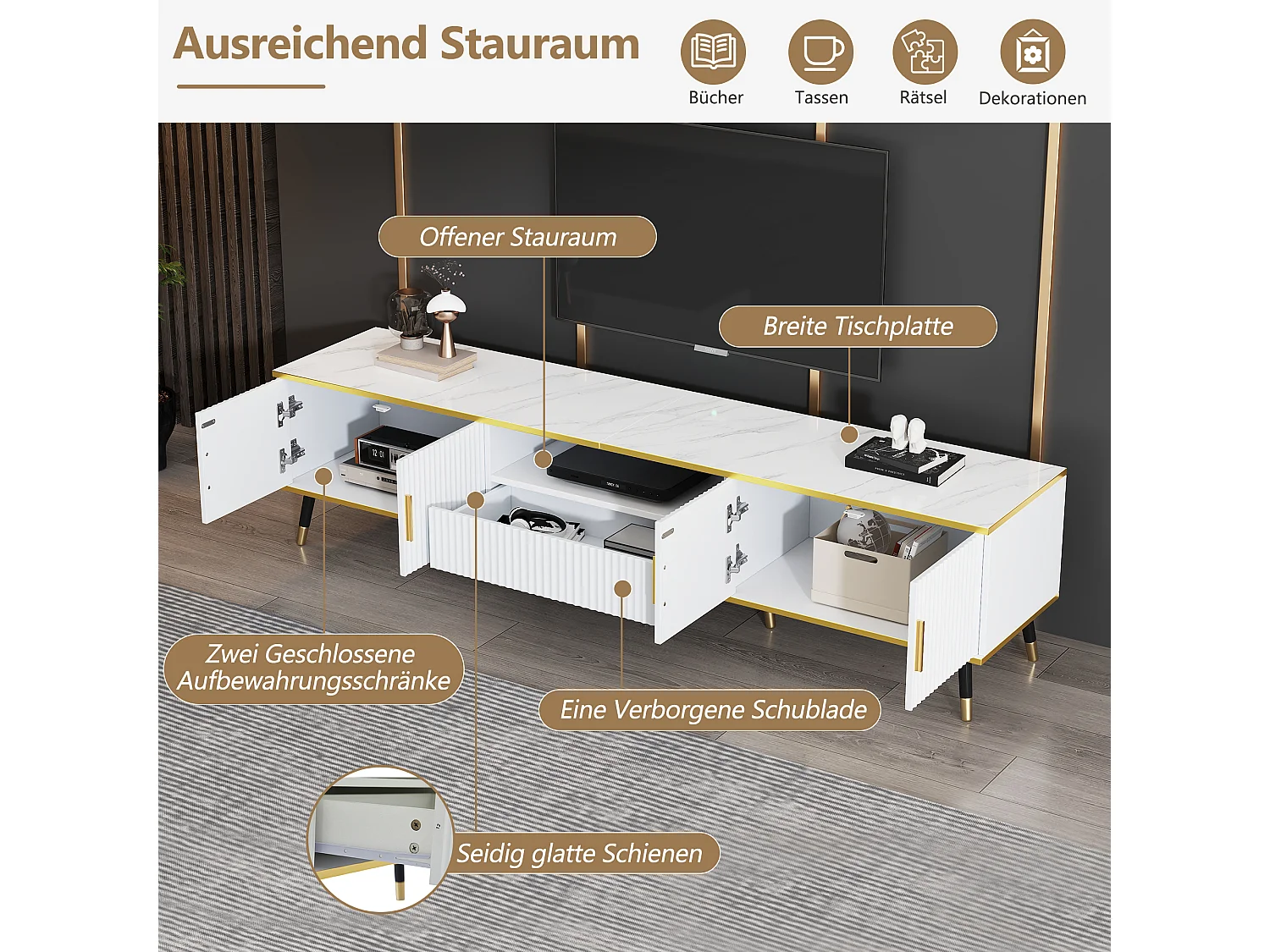 Meuble TV 200 x 40 x 46 cm avec 4 portes et 1 tiroir - Plateaux en effet marbre - Panneau de particules - Blanc