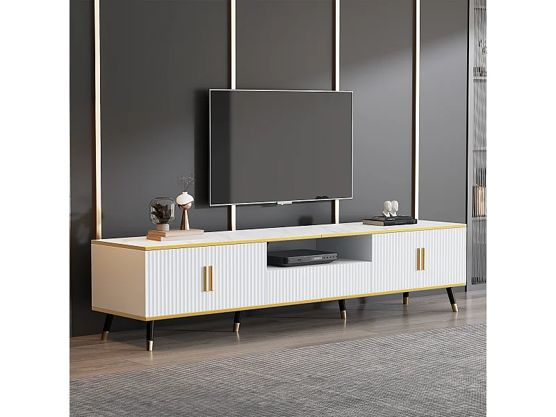 Meuble TV 200 x 40 x 46 cm avec 4 portes et 1 tiroir - Plateaux en effet marbre - Panneau de particules - Blanc