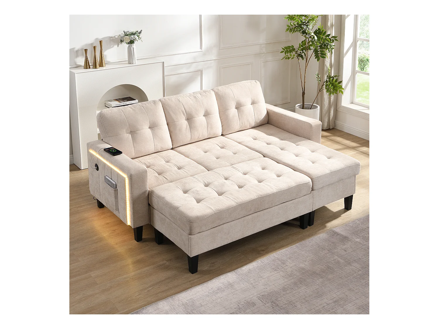 Ensemble de canapé de salon 3 places - 185 x 135 x 85 cm - avec repose-pieds mobile + Leds - velours - beige