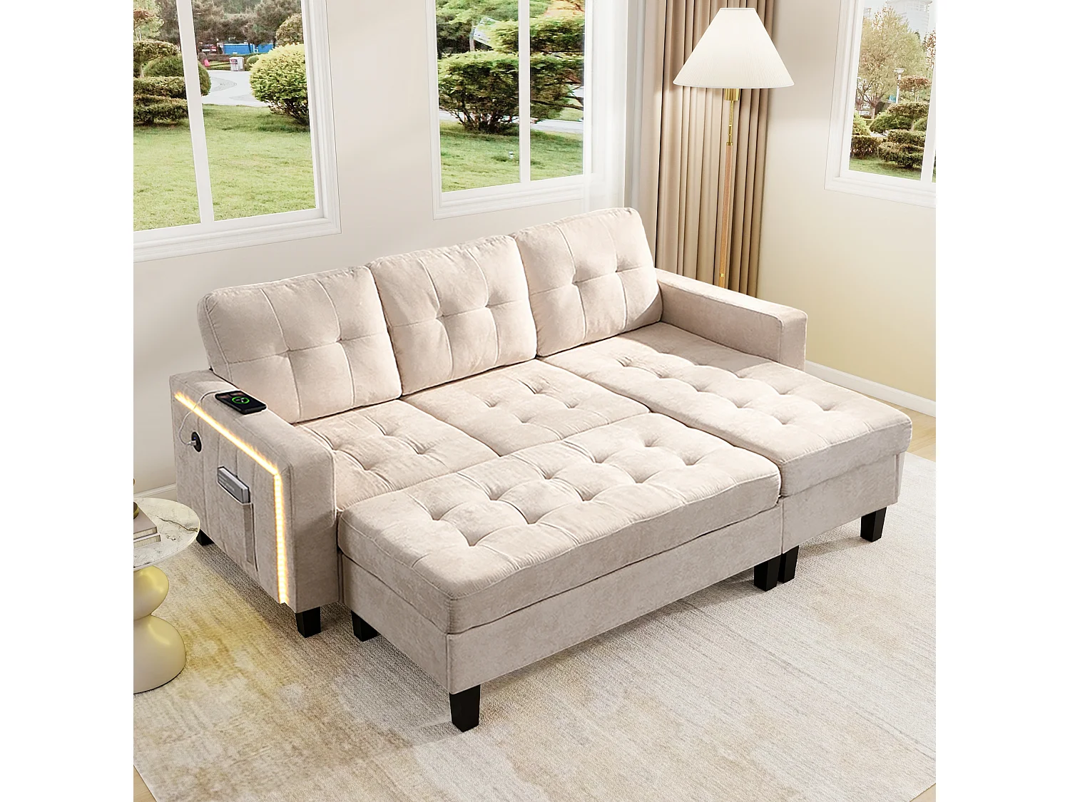 Ensemble de canapé de salon 3 places - 185 x 135 x 85 cm - avec repose-pieds mobile + Leds - velours - beige