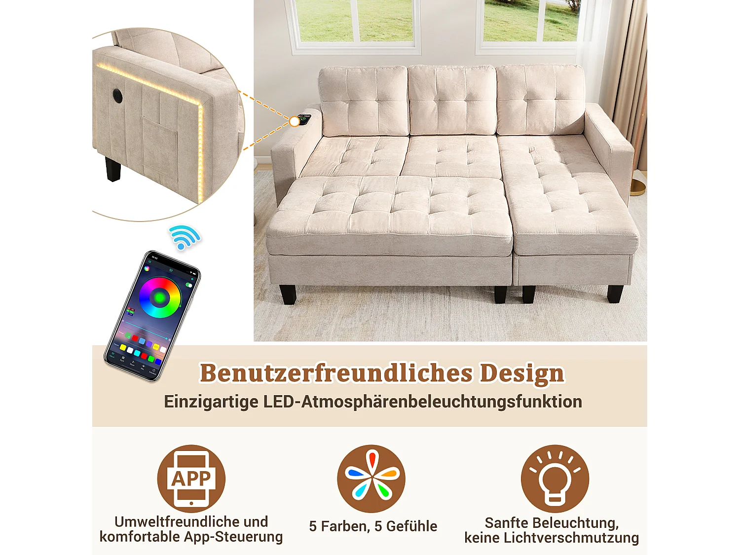 Ensemble de canapé de salon 3 places - 185 x 135 x 85 cm - avec repose-pieds mobile + Leds - velours - beige