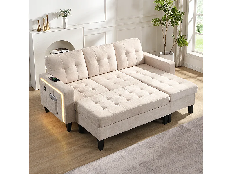 Ensemble de canapé de salon 3 places - 185 x 135 x 85 cm - avec repose-pieds mobile + Leds - velours - beige