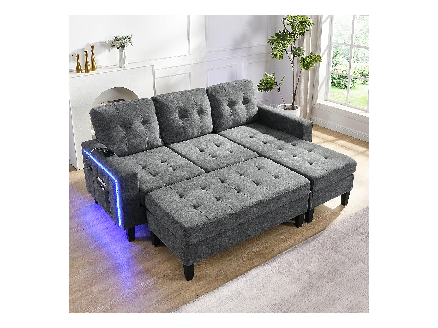 Ensemble de canapé de salon 3 places - 185 x 135 x 85 cm - avec repose-pieds mobile + Leds - velours - gris