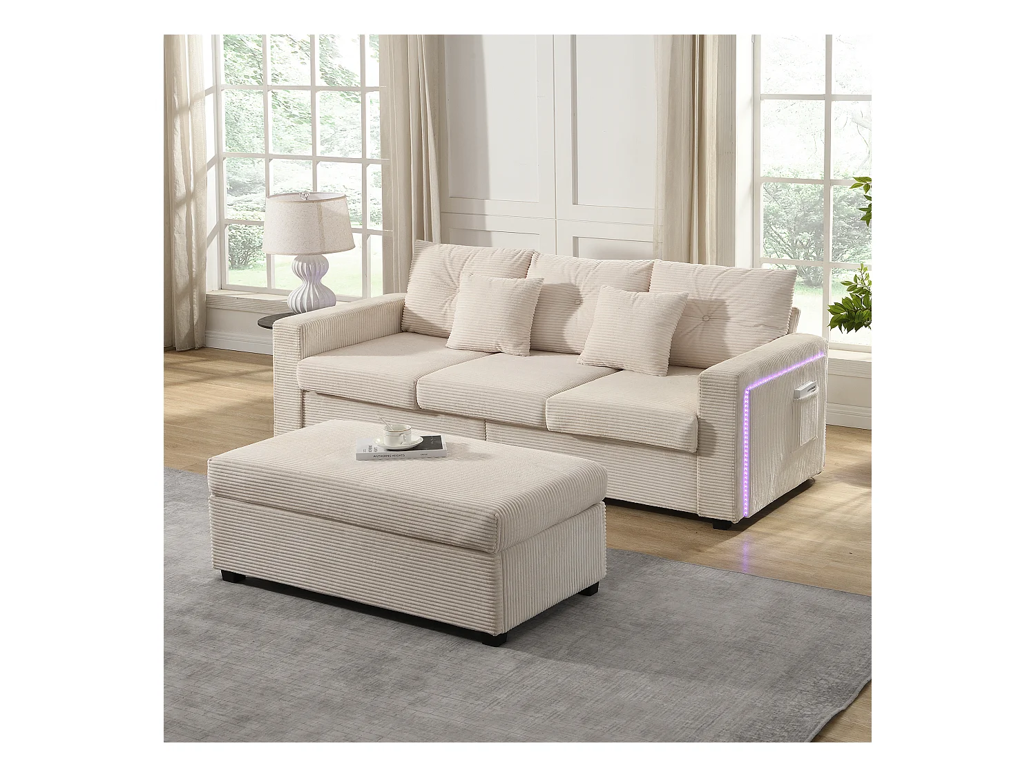 Ensemble de canapé 3 places + repose-pieds mobile - 184 x 84.5 x 85.5 cm - avec 5 coussins - velours - beige
