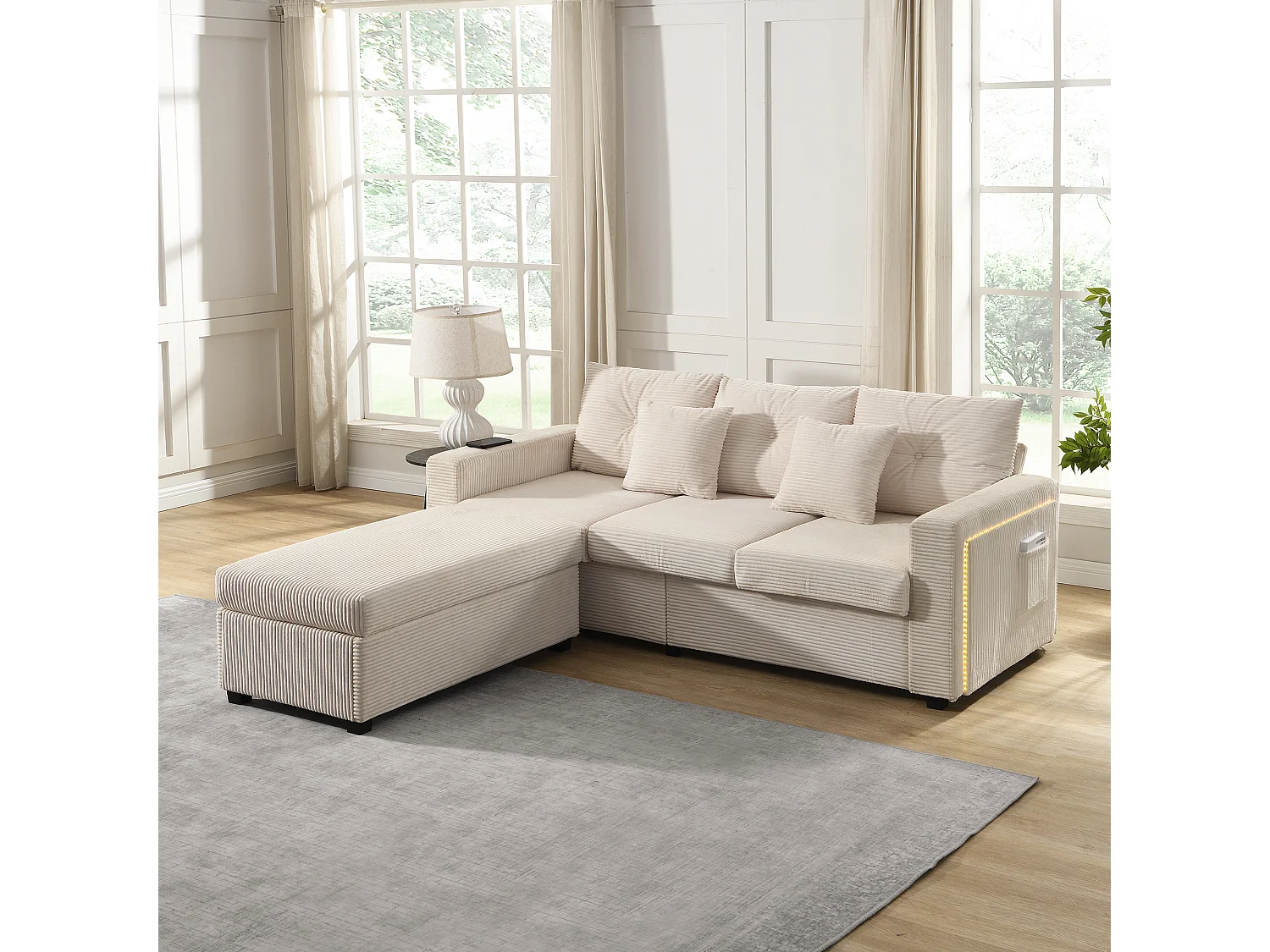 Ensemble de canapé 3 places + repose-pieds mobile - 184 x 84.5 x 85.5 cm - avec 5 coussins - velours - beige