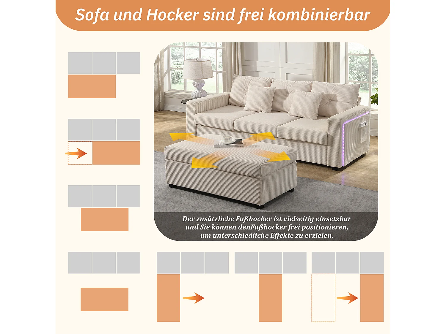 Ensemble de canapé 3 places + repose-pieds mobile - 184 x 84.5 x 85.5 cm - avec 5 coussins - velours - beige