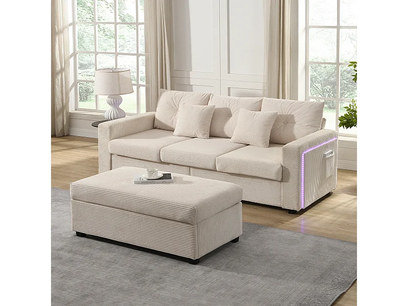 Ensemble de canapé 3 places + repose-pieds mobile - 184 x 84.5 x 85.5 cm - avec 5 coussins - velours - beige