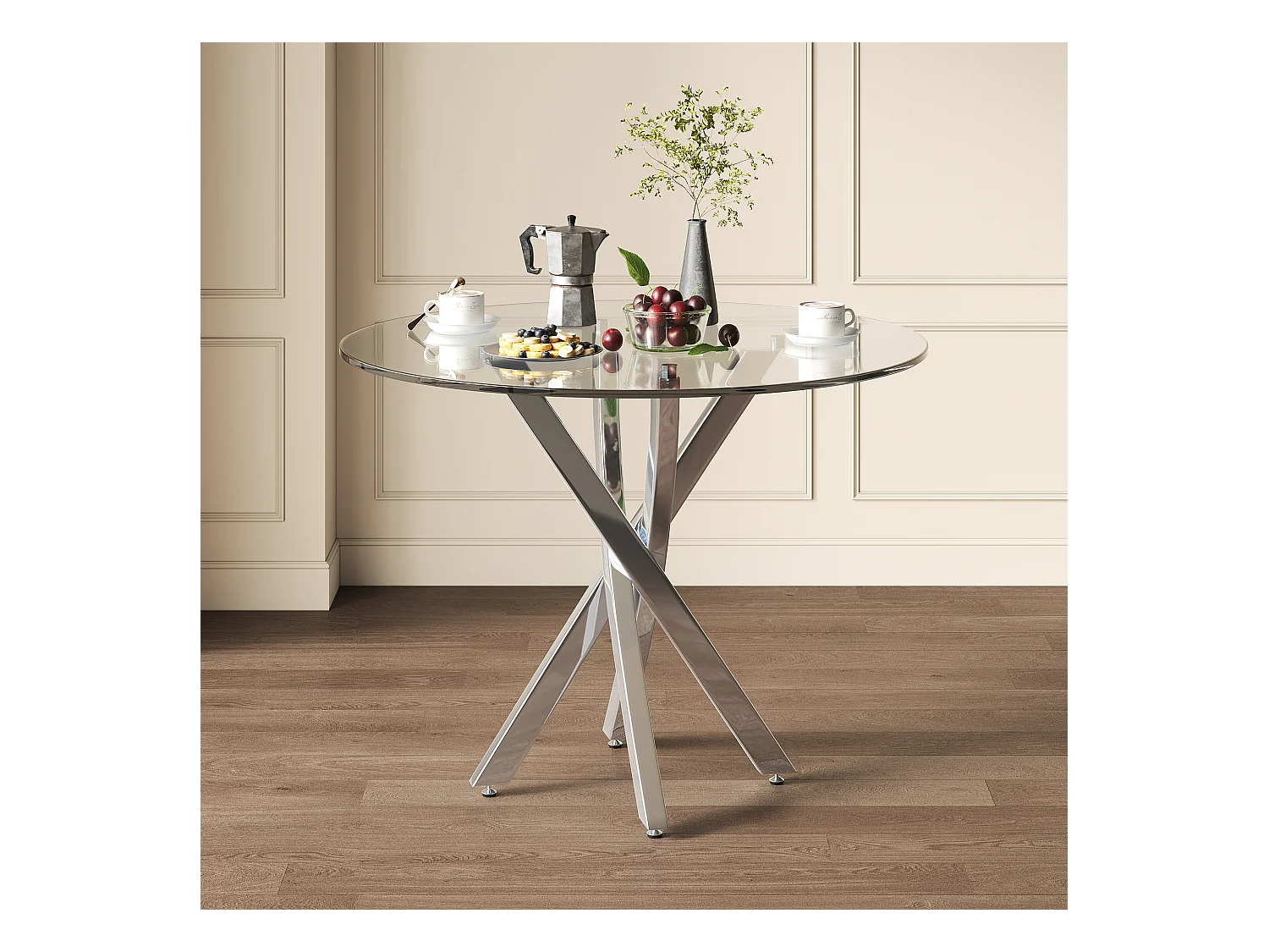 Table à manger plateau en verre trempé - 80 x 80 x 75 cm - pieds de table galvanisés - Verre - Argenté