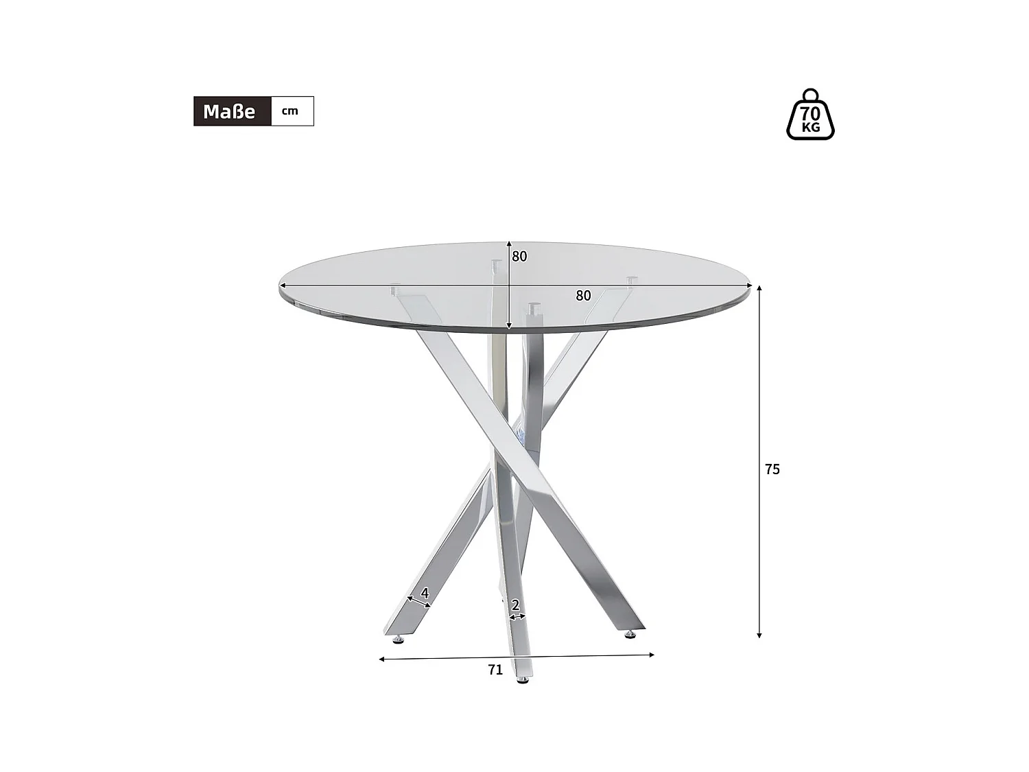 Table à manger plateau en verre trempé - 80 x 80 x 75 cm - pieds de table galvanisés - Verre - Argenté
