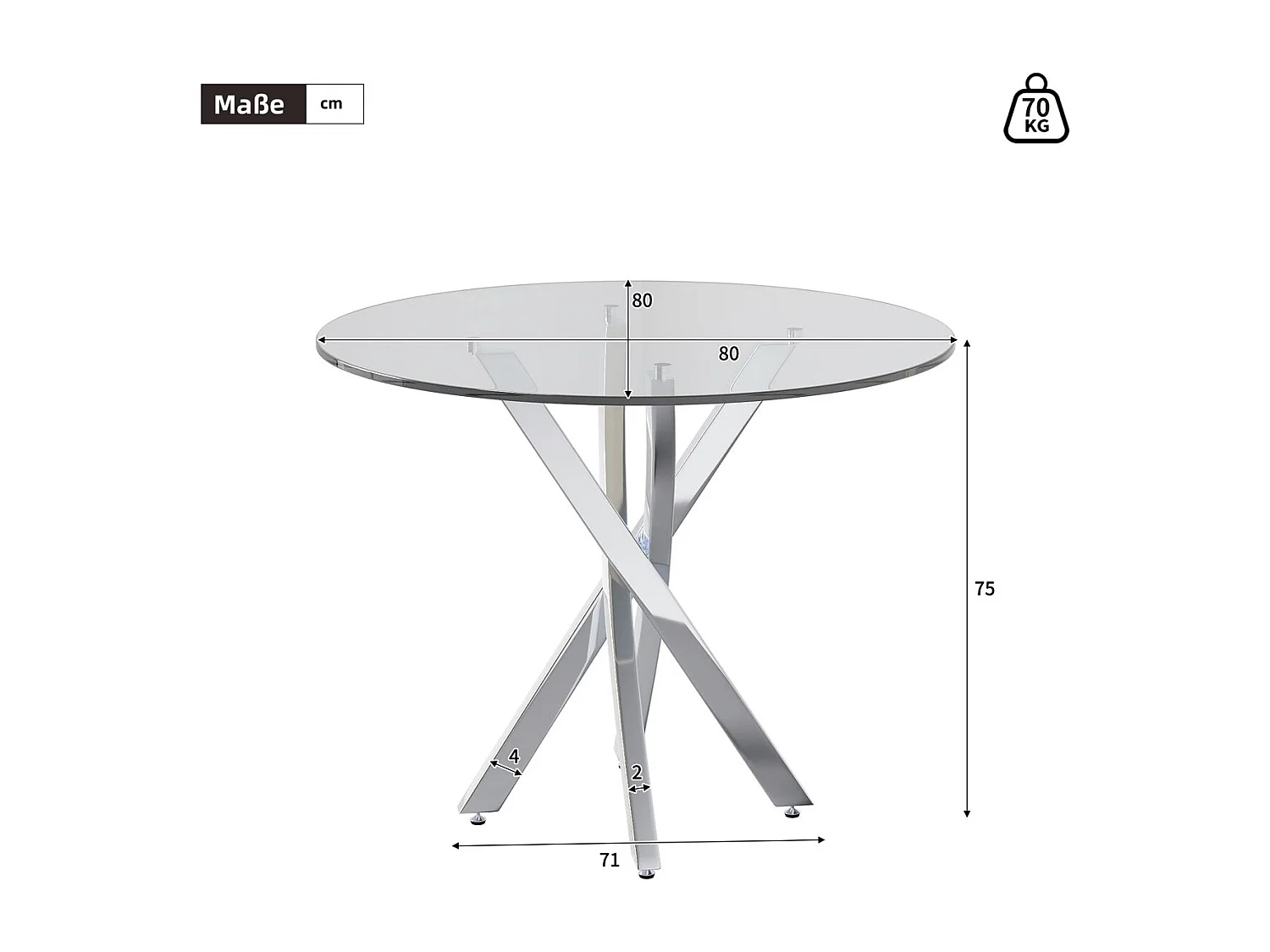 Table à manger plateau en verre trempé - 80 x 80 x 75 cm - pieds de table galvanisés - Verre - Argenté