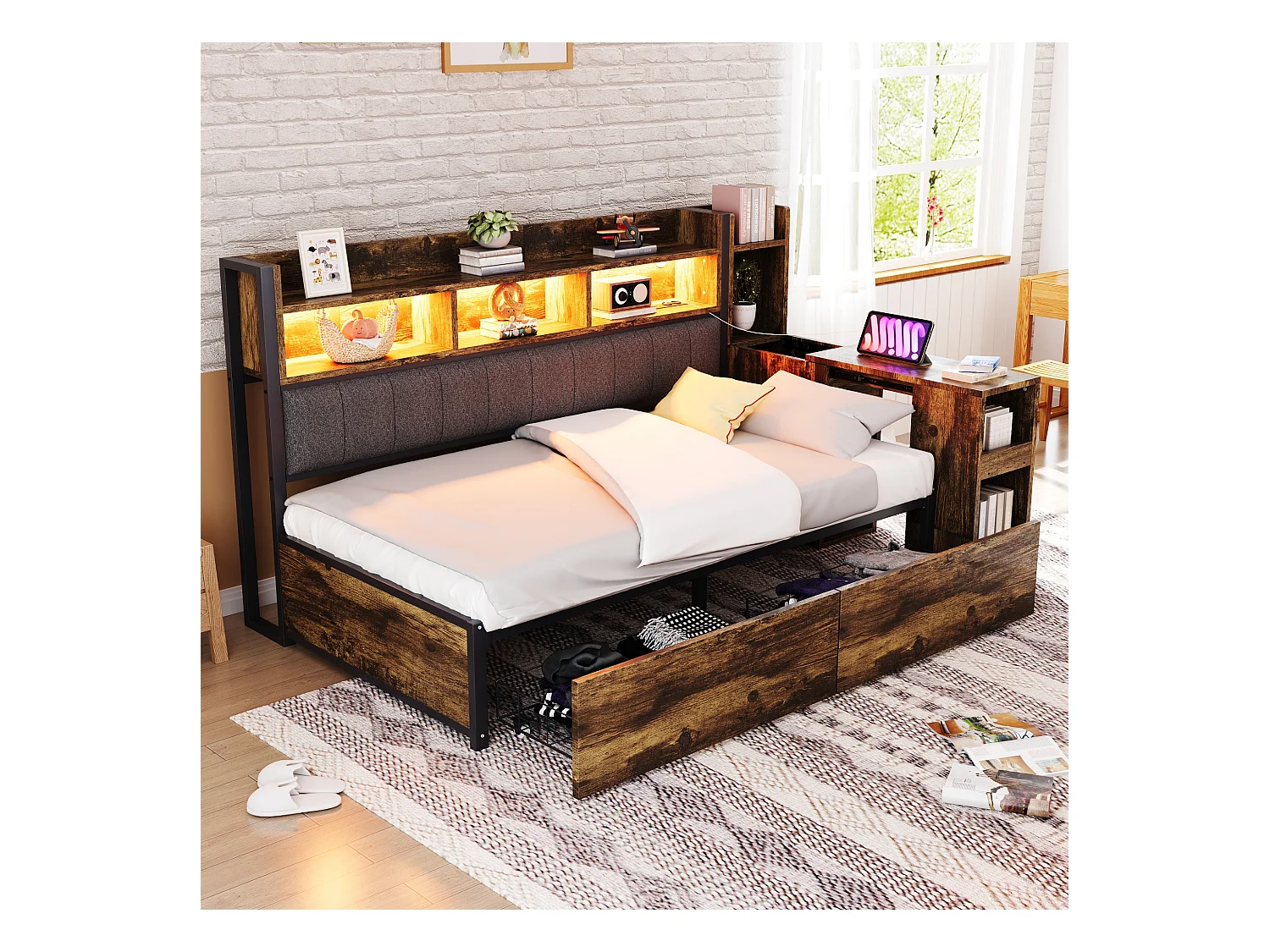 Canapé-lit en fer 90 x 200 cm - avec rangements + Leds + 2 tiroirs + bureau coulissant - MDF + méta - naturel