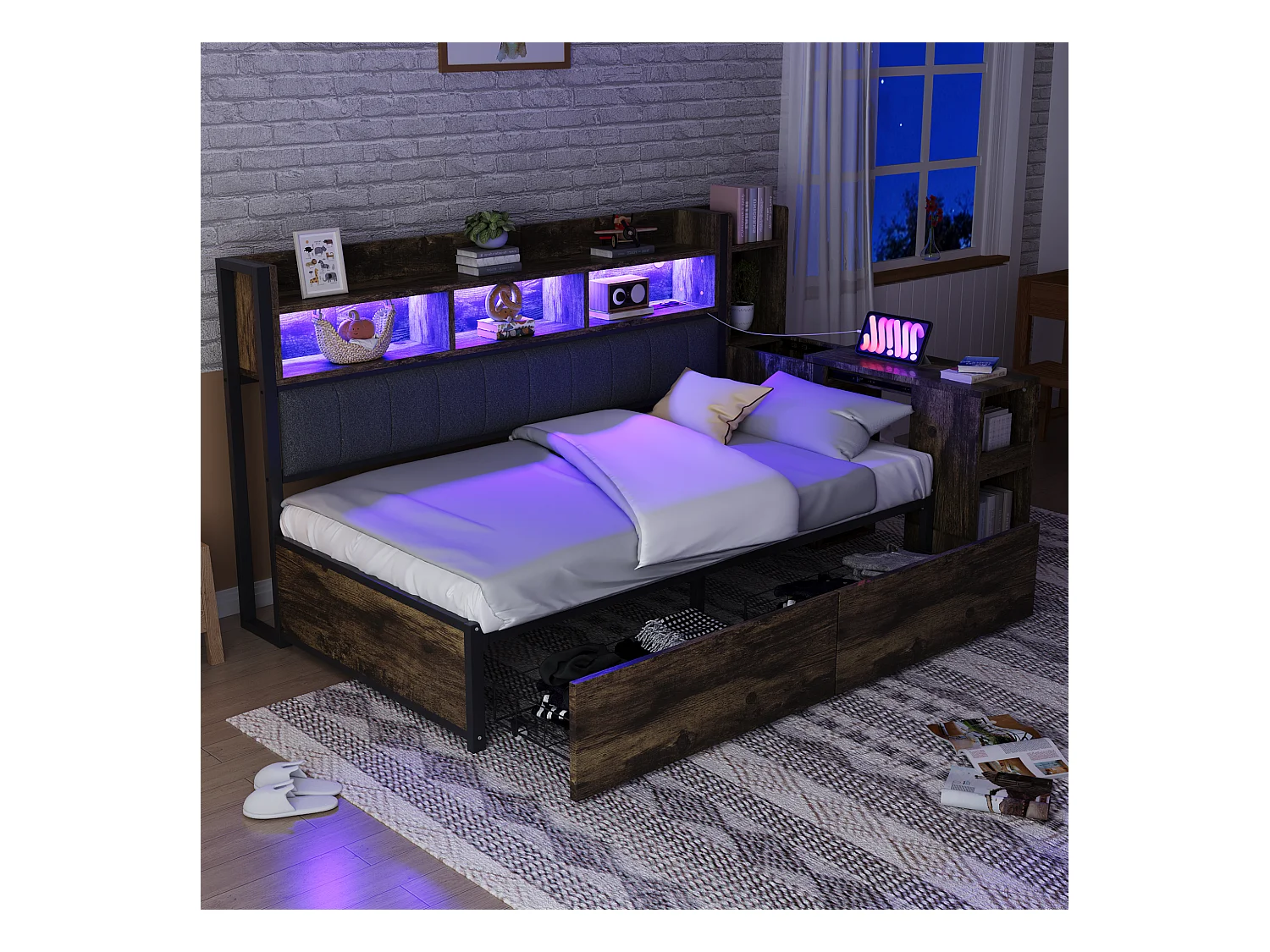 Canapé-lit en fer 90 x 200 cm - avec rangements + Leds + 2 tiroirs + bureau coulissant - MDF + méta - naturel