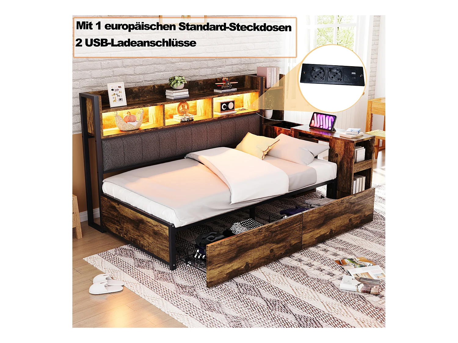 Canapé-lit en fer 90 x 200 cm - avec rangements + Leds + 2 tiroirs + bureau coulissant - MDF + méta - naturel