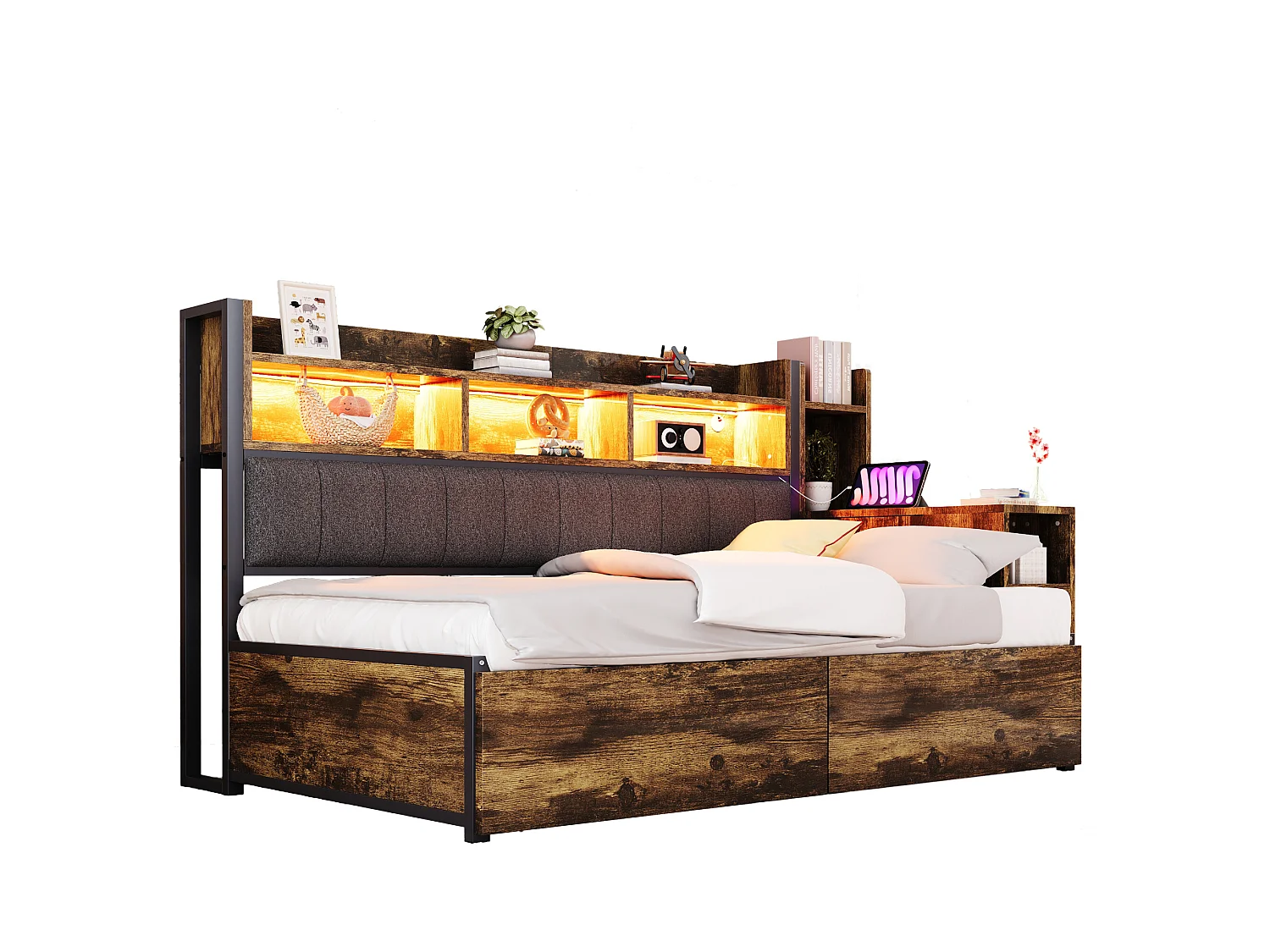 Canapé-lit en fer 90 x 200 cm - avec rangements + Leds + 2 tiroirs + bureau coulissant - MDF + méta - naturel