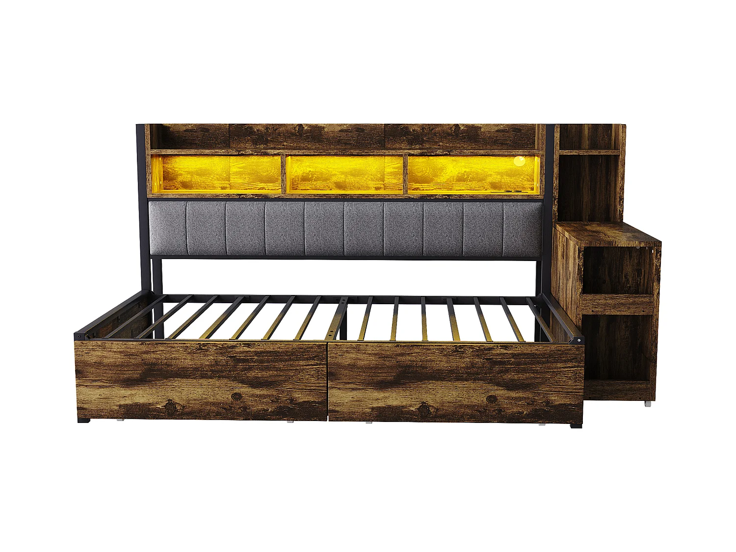 Canapé-lit en fer 90 x 200 cm - avec rangements + Leds + 2 tiroirs + bureau coulissant - MDF + méta - naturel