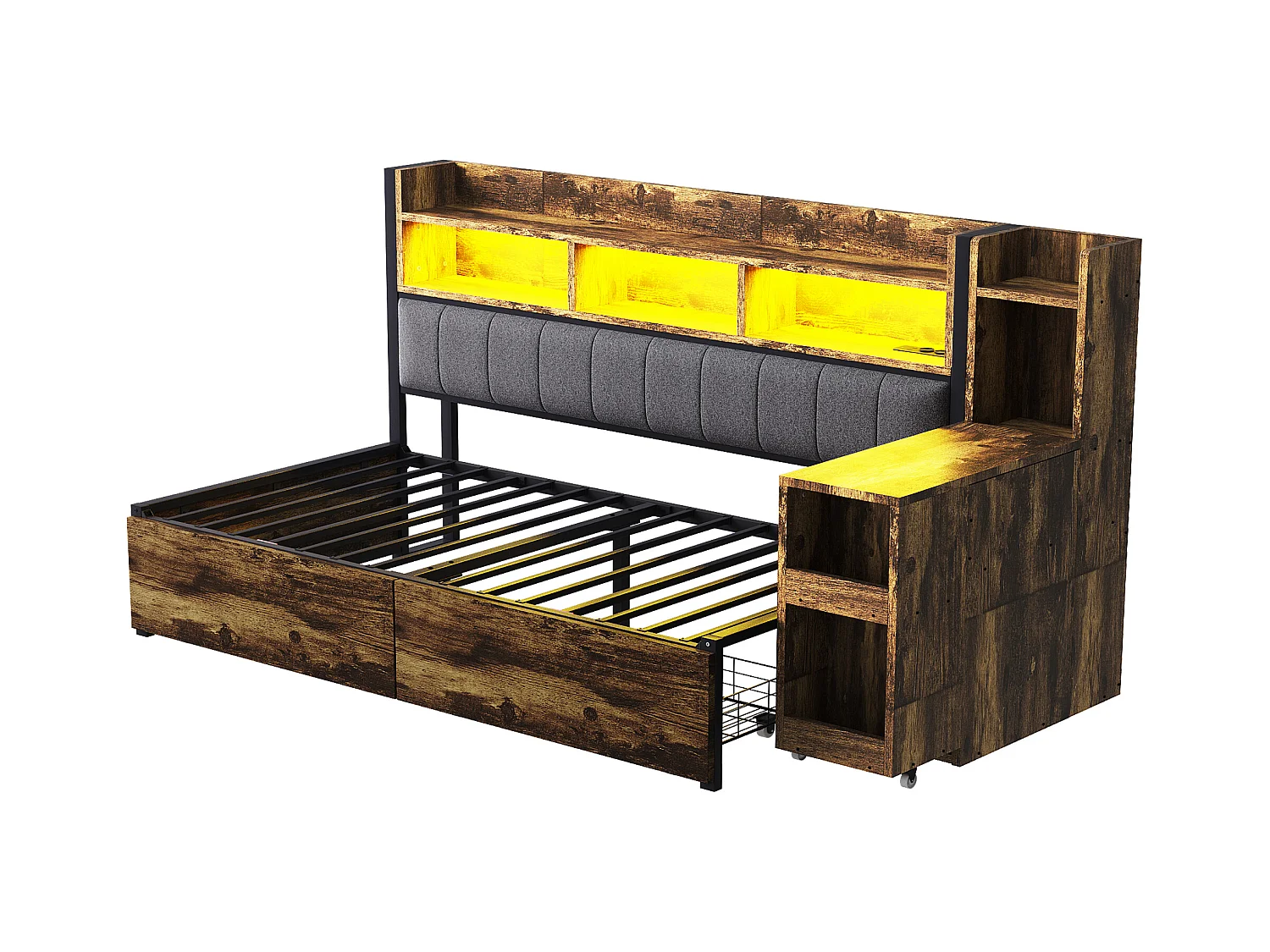 Canapé-lit en fer 90 x 200 cm - avec rangements + Leds + 2 tiroirs + bureau coulissant - MDF + méta - naturel